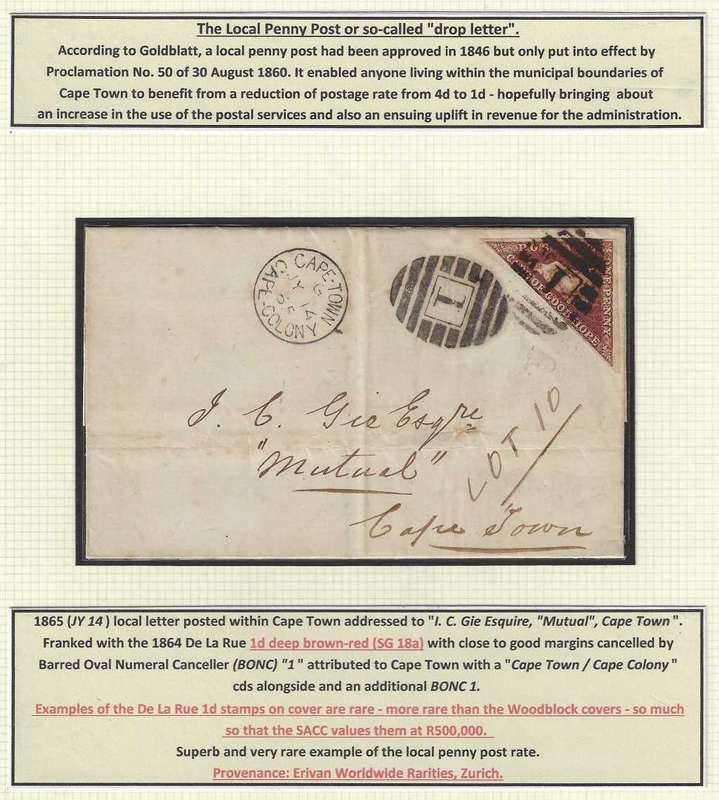 Cape 1865 (JY 18) Very Rare Penny Post (`Drop Letter`) with SG 18a. See below.