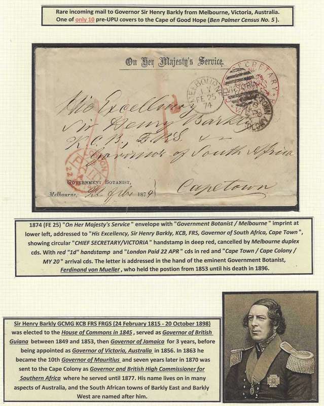 Cape 1874 Rare (1 of 10) pre-UPU cover Victoria, Australia/Governor Sir Henry Barkly at Cape Town.