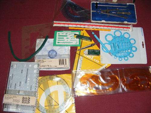 Old Stencils, Protractor, Compass set
