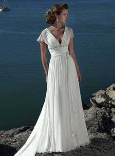 Classic V Neck Chiffon Evening Dress With Beading And Ruffles (Light Sky Blue) - Size 14