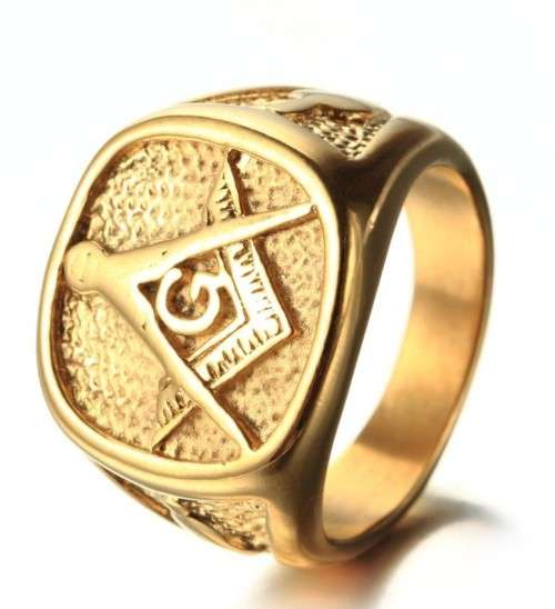 *Stainless Steel* Gold Plated Free Mason Ring: Size 14
