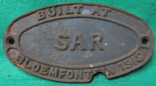 **ANTIQUE**S A R TRAIN PLAQUE - CAST IRON**BUILT AT BLOEMFONTEIN 1919**