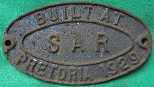 **VINTAGE**S A R TRAIN PLAQUE - CAST IRON**BUILT AT PRETORIA 1929**
