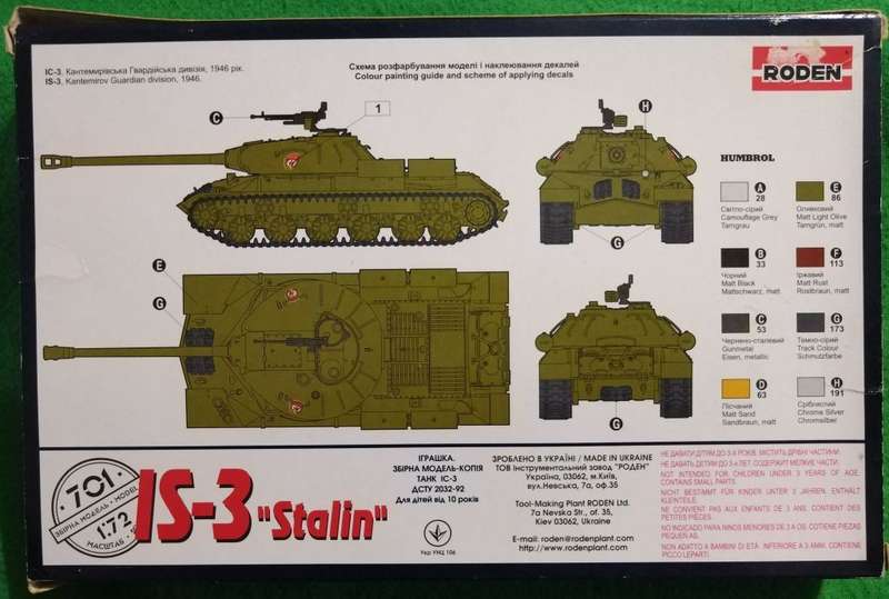**RODEN**MODEL KIT**TANK - IS-3 `STALIN`**VINTAGE**1/72**LENGTH +-12CM**