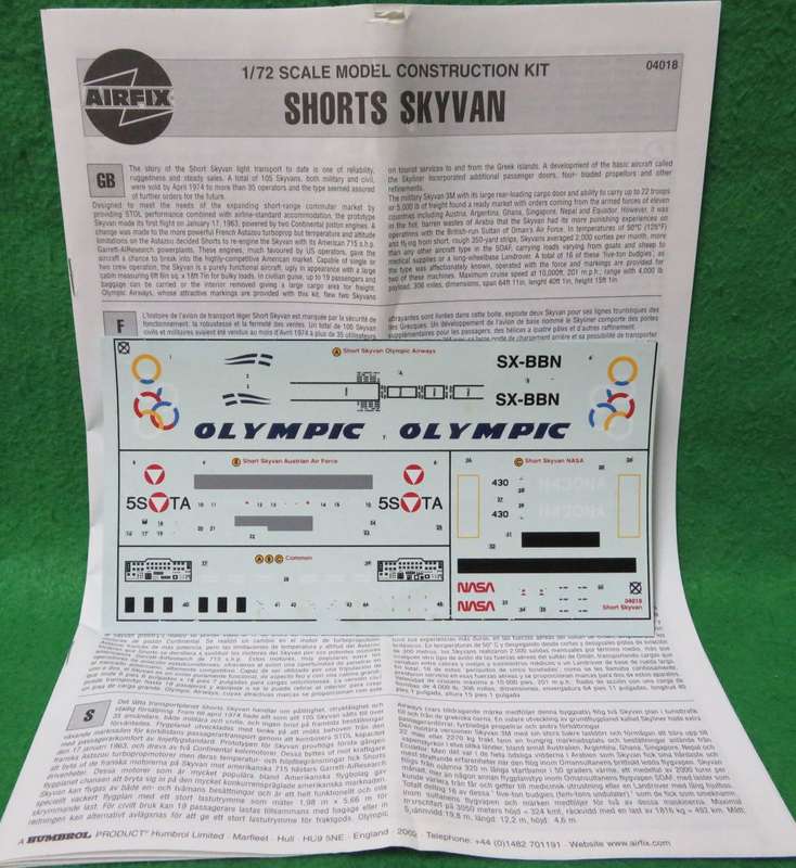 **AIRFIX**MODEL KIT**SHORTS SKYVAN**VINTAGE**1/72**LENGTH +-17CM**