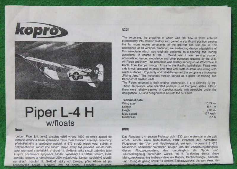 **Kopro/Mastercraft**Model kit**Piper L-4Hw/Floats**Vintage**1/72**