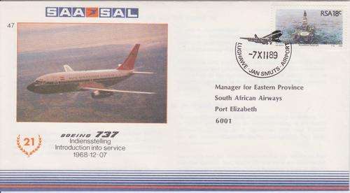 **SAA FLIGHT COVER 47**CERTIFIED FLIGHT STAMP**JHB - PORT ELIZABETH **07/12/1989**