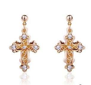 New 18k RGP Champagne gold Cross earrings with intricate detail and Genuine SWA austrian elements