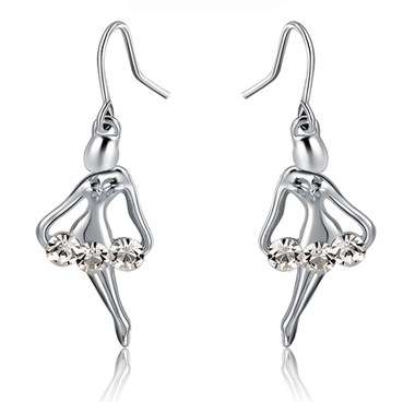 Local Stock, High quality 18K RGP white gold cute ballerina dangle earrings with Austrian crystal