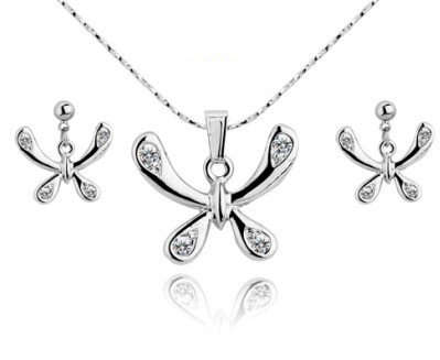 *Local Stock* New 18K RGP white gold butterfly pendant and matching earring set