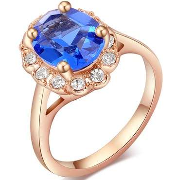 Local Stock, New 18K RGP rose gold baby blue ladies Genuine crystal ring with clear accent crystals