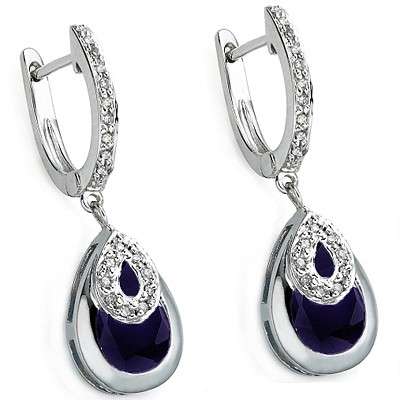 3.14 CT GENUINE SAPPHIRE & 2 PCS WHITE DIAMOND IN SOLID 0.925 STERLING SILVER W PLATINUM EARRINGS