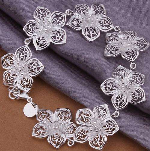 New Beautiful 925 sterling silver filled ladies linked flowers bracelet with fine details