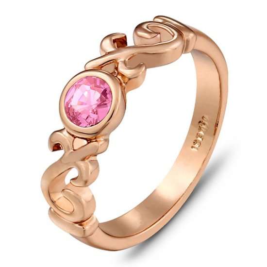 New 18K RGP stamped ladies crystal ring in rose gold with fine detail work and pink crystal