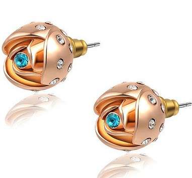 *Local Stock* High quality 18K RGP blue crystal ladies rose bud studs, adorned with crystals