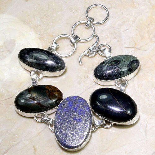 LAPIS LAZULI+TIGER EYE+KAMBABA JASPER NATURAL GEMSTONE 925 SILVER BRACELET