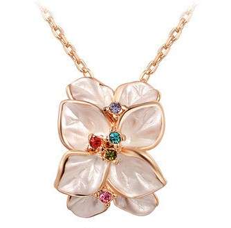 Elegant 18KRGP flower pendant with shell pearl and genuine Austrian crystals + free chain