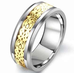 Genuine Men's Tungsten Carbide Ring with delicate Gold coloured inlay work, Wedding Band
