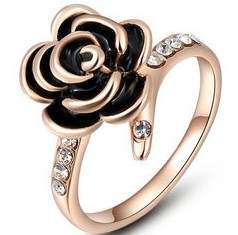 18K RGP rose gold Ladies rose design ring with black detailing and AAA genuine Austrian Crystals