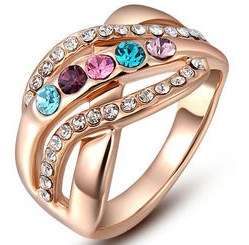 18K RGP rose gold Ladies crossover detailed ring with AAA genuine Austrian crystals