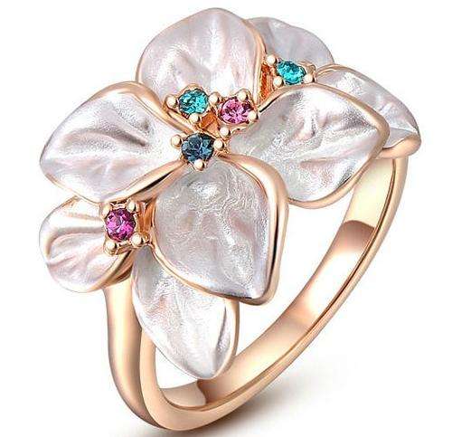 18K RGP rose gold ladies Flower design ring with Shell pearl inner and Genuine Austrian Crystals