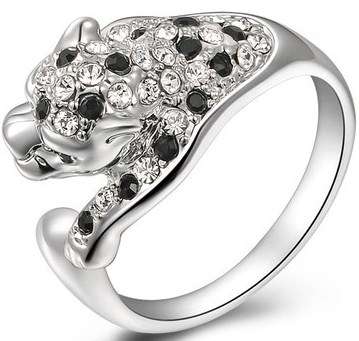 18K RGP white gold Leopard style ring adorned in black and clear AAA Genuine Austrian Crystals