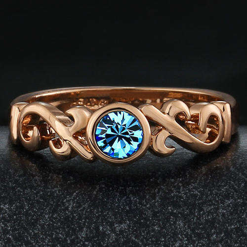 New 18K RGP rose gold dainty filigree style ladies ring with Blue Genuine Austrian crystal