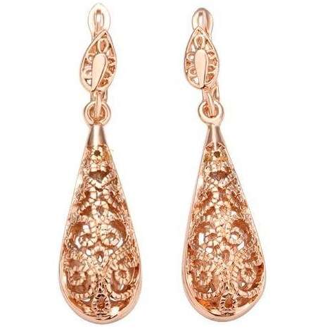 New 18K RGP rose gold ladies filigree detailed water drop earrings. Absolutely stunning