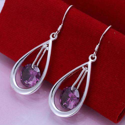 New 925 Sterling silver filled Stunning Teardrop design ladies earrings with purple Austrian crystal