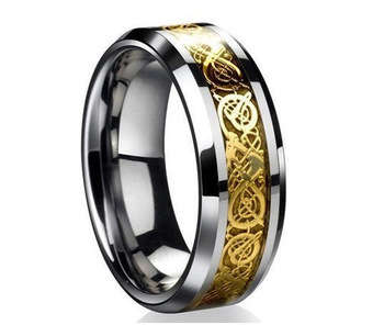 Genuine mens Tungsten Carbide ring, with gold inlay work and shaped for comfort, Wedding band
