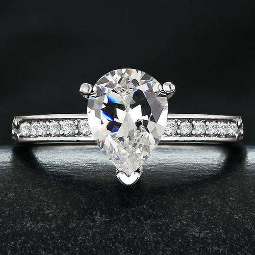 New 18K RGP white gold ladies engagement style ring, pear cut with Austrian crystals