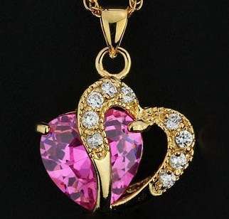 New 18K RGP yellow gold ladies Double heart pendant with Pink Austrian crystal + FREE chain