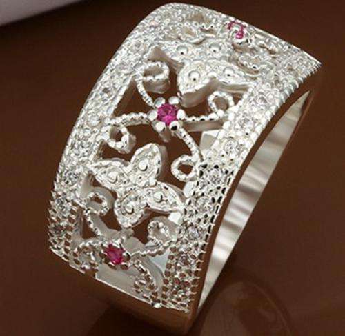 New 925 sterling silver filled stamped ladies fine detailed Chunky ring with Austrian crystals