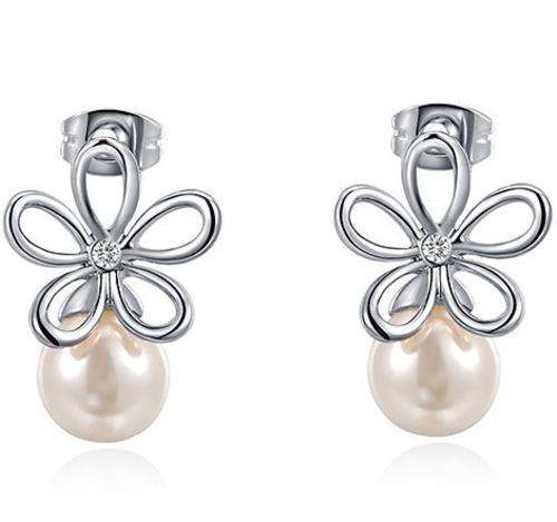 New 18K RGP white gold Ladies flower shape dangle earrings with Austrian crystal and Shell pearl
