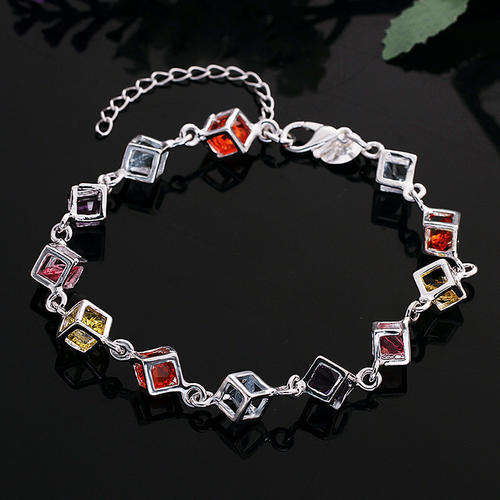 New 925 Sterling silver filled Square link bracelet with colored Austrian crystal inner