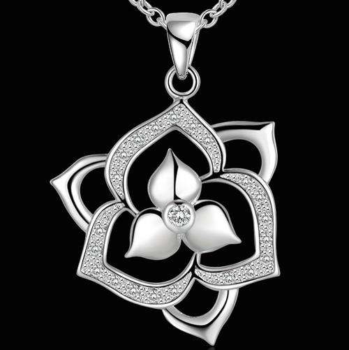 New 925 Sterling silver filled stamped Flower pendant with Crystals and FREE chain