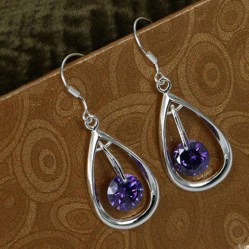 New 925 Sterling silver filled Oval shape drop earrings with Purple Austrian crystal center