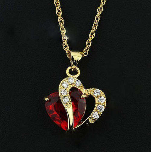 New 18K RGP yellow gold ladies Double heart pendant with Red Austrian crystal + FREE chain