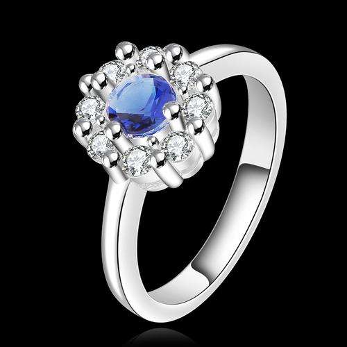 New 925 sterling silver filled stamped Ladies engagement style ring with blue Austrian crystal
