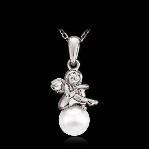 New 18K RGP white gold, Ladies cute fairy design pendant with faux pearl detail + FREE chain