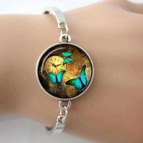New 925 sterling silver plated Steam punk Clock and butterfly dome bangle bracelet