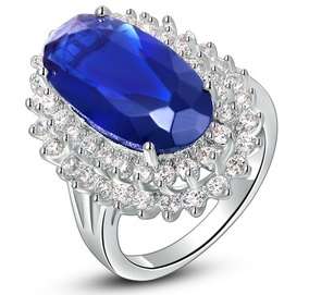 New 18K RGP in white gold, ladies Engagement style ring with large Blue AAA Austrian crystal