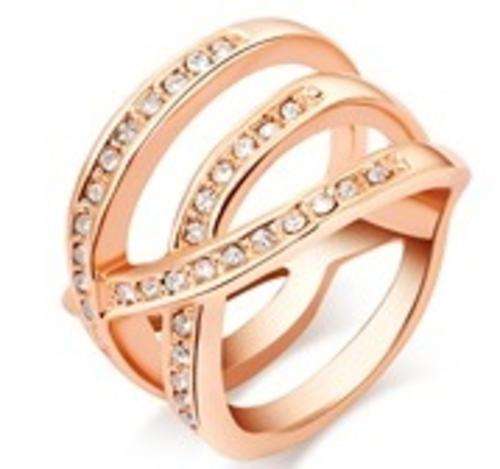 New 18K RGP in rose gold, Ladies cross-over style ring with AAA genuine Austrian crystals