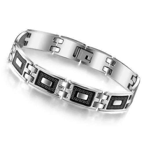 Genuine stainless steel mens bracelet with black detail, 10mm wide