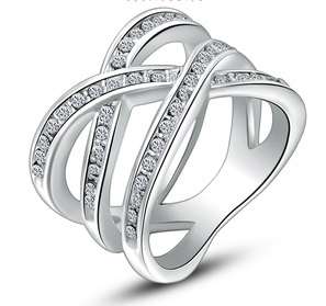 New 18K RGP in white gold, Ladies cross-over style ring with AAA genuine Austrian crystals