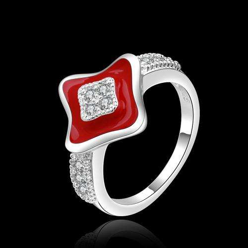 New 925 sterling silver filled stamped, Cute diamond shape ring with red detail and AAA crystals