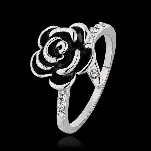 New 18K RGP in white gold, Ladies rose design ring with black detail and AAA genuine crystals