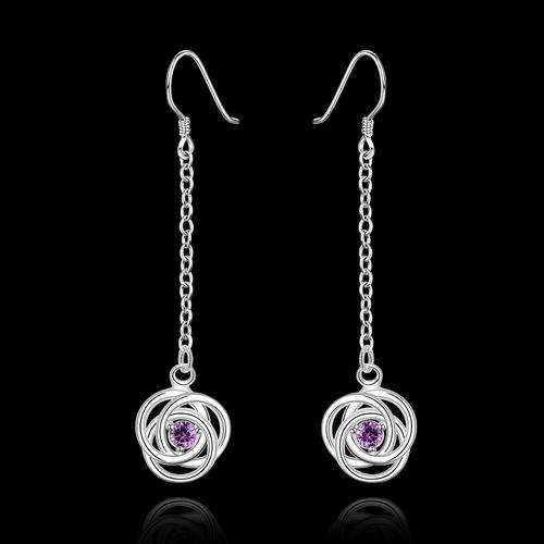 New 925 Sterling silver filled Ladies trinity design dangle earrings with Purple Austrian crystals