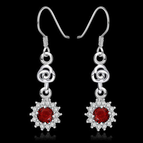 New 925 sterling silver filled Ladies dangle earrings with red AAA crystal detail
