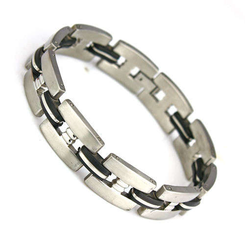 Genuine stainless steel mens bracelet with black silicon detail, 12mm wide